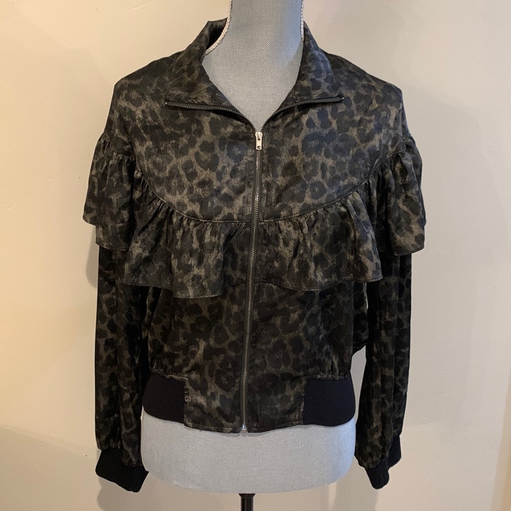 Current Air Leopard Metallic Ruffled Black Brown Bomber Zip Up Jacket S NWT